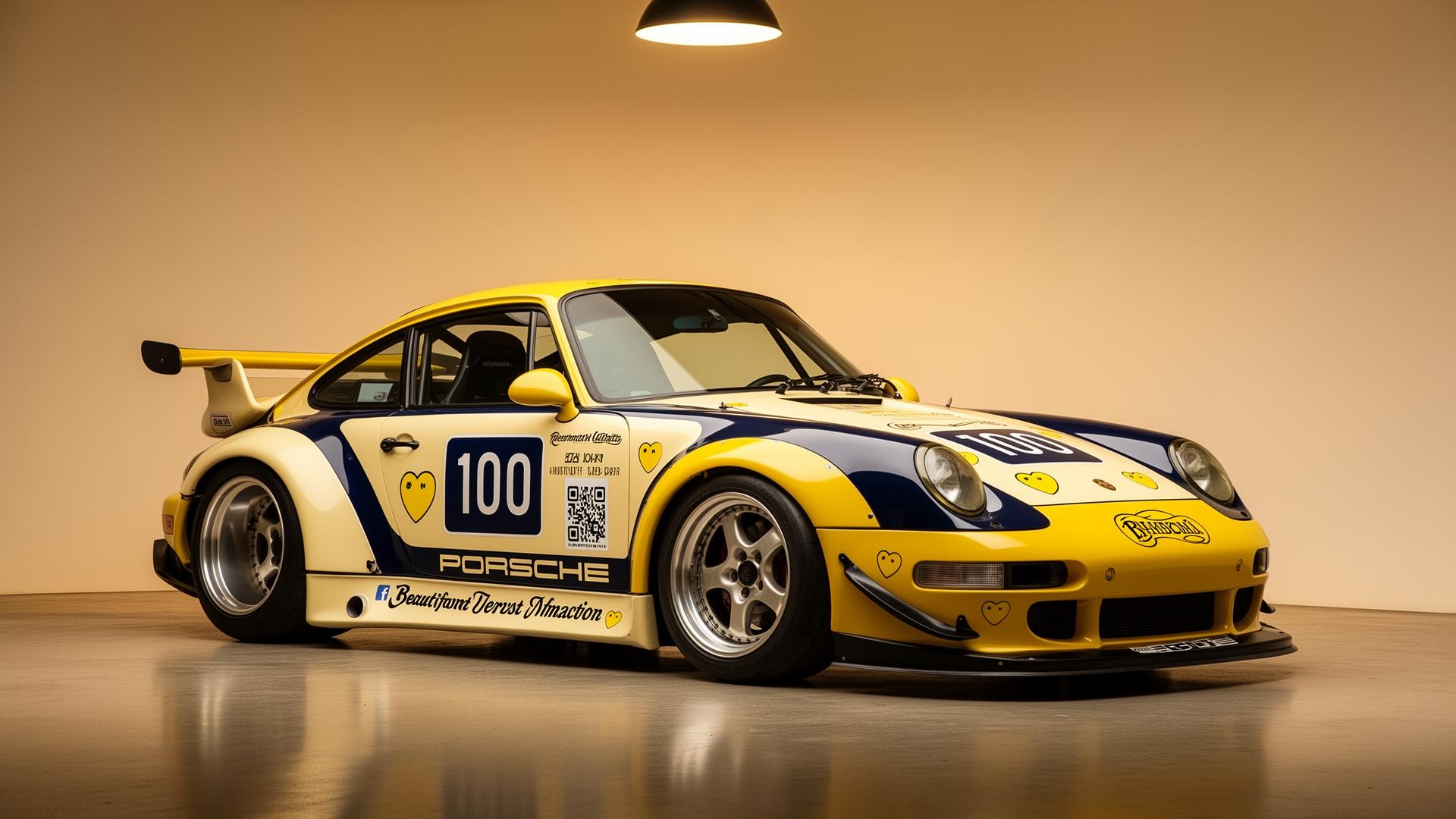 A widebody Porsche 993 wrapped in yellow, navy, and cream livery with the number 100